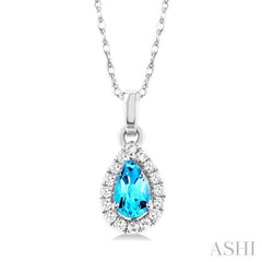 5x3 MM Pear Shape Blue Topaz and 1/20 Ctw Single Cut Diamond Halo Semi-Precious Pendant with Chain in 14K White Gold 5x3 MM Pear Shape Blue Topaz and 1/20 Ctw Single Cut Diamond Halo Semi-Precious Pendant with Chain in 14K White Gold