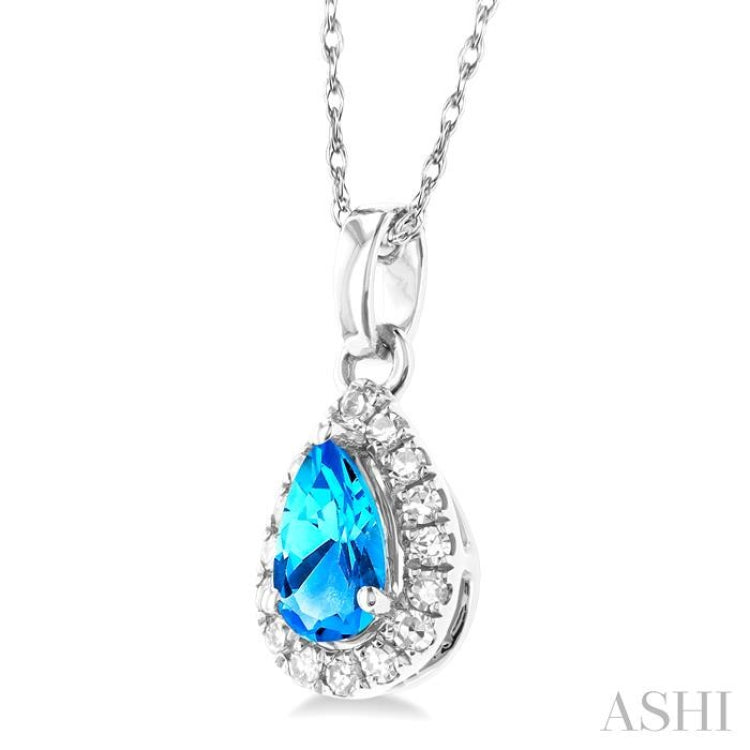 5x3 MM Pear Shape Blue Topaz and 1/20 Ctw Single Cut Diamond Halo Semi-Precious Pendant with Chain in 14K White Gold 5x3 MM Pear Shape Blue Topaz and 1/20 Ctw Single Cut Diamond Halo Semi-Precious Pendant with Chain in 14K White Gold