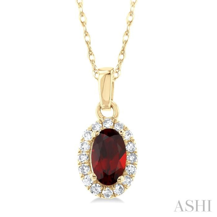 5x3 MM Oval Shape Garnet and 1/20 Ctw Single Cut Diamond Halo Semi-Precious Pendant with Chain in 10K Yellow Gold 5x3 MM Oval Shape Garnet and 1/20 Ctw Single Cut Diamond Halo Semi-Precious Pendant with Chain in 10K Yellow Gold