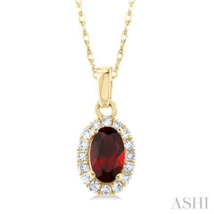 5x3 MM Oval Shape Garnet and 1/20 Ctw Single Cut Diamond Halo Semi-Precious Pendant with Chain in 10K Yellow Gold 5x3 MM Oval Shape Garnet and 1/20 Ctw Single Cut Diamond Halo Semi-Precious Pendant with Chain in 10K Yellow Gold