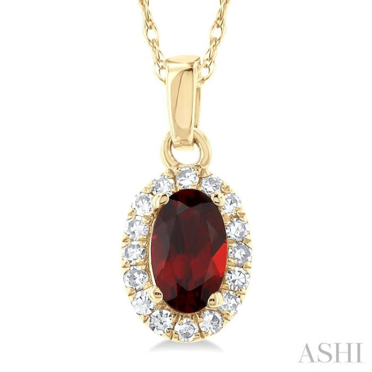 5x3 MM Oval Shape Garnet and 1/20 Ctw Single Cut Diamond Halo Semi-Precious Pendant with Chain in 10K Yellow Gold 5x3 MM Oval Shape Garnet and 1/20 Ctw Single Cut Diamond Halo Semi-Precious Pendant with Chain in 10K Yellow Gold