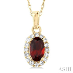5x3 MM Oval Shape Garnet and 1/20 Ctw Single Cut Diamond Halo Semi-Precious Pendant with Chain in 10K Yellow Gold 5x3 MM Oval Shape Garnet and 1/20 Ctw Single Cut Diamond Halo Semi-Precious Pendant with Chain in 10K Yellow Gold