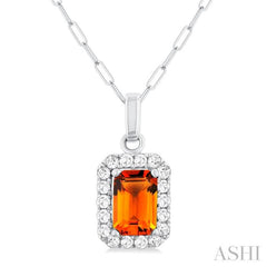 6x4 MM Octagonal Shape Citrine and 1/6 Ctw Round Cut Diamond Halo Semi-Precious Pendant with Chain in 10K White Gold 6x4 MM Octagonal Shape Citrine and 1/6 Ctw Round Cut Diamond Halo Semi-Precious Pendant with Chain in 10K White Gold