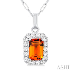 6x4 MM Octagonal Shape Citrine and 1/6 Ctw Round Cut Diamond Halo Semi-Precious Pendant with Chain in 10K White Gold 6x4 MM Octagonal Shape Citrine and 1/6 Ctw Round Cut Diamond Halo Semi-Precious Pendant with Chain in 10K White Gold