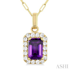 6x4 MM Octagonal Shape Amethyst and 1/6 Ctw Round Cut Diamond Halo Semi-Precious Pendant with Chain in 14K Yellow Gold 6x4 MM Octagonal Shape Amethyst and 1/6 Ctw Round Cut Diamond Halo Semi-Precious Pendant with Chain in 14K Yellow Gold