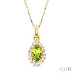 5x3 MM Pear Shape Peridot and 1/20 Ctw Single Cut Diamond Halo Semi-Precious Pendant with Chain in 14K Yellow Gold 5x3 MM Pear Shape Peridot and 1/20 Ctw Single Cut Diamond Halo Semi-Precious Pendant with Chain in 14K Yellow Gold