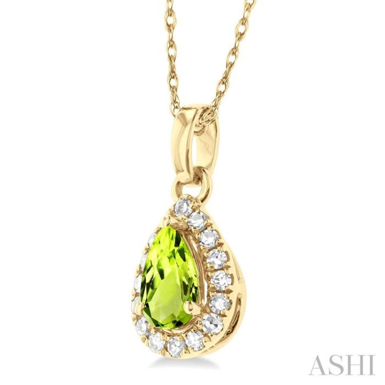 5x3 MM Pear Shape Peridot and 1/20 Ctw Single Cut Diamond Halo Semi-Precious Pendant with Chain in 14K Yellow Gold 5x3 MM Pear Shape Peridot and 1/20 Ctw Single Cut Diamond Halo Semi-Precious Pendant with Chain in 14K Yellow Gold