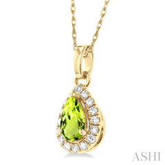 5x3 MM Pear Shape Peridot and 1/20 Ctw Single Cut Diamond Halo Semi-Precious Pendant with Chain in 14K Yellow Gold 5x3 MM Pear Shape Peridot and 1/20 Ctw Single Cut Diamond Halo Semi-Precious Pendant with Chain in 14K Yellow Gold