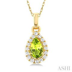 5x3 MM Pear Shape Peridot and 1/20 Ctw Single Cut Diamond Halo Semi-Precious Pendant with Chain in 14K Yellow Gold 5x3 MM Pear Shape Peridot and 1/20 Ctw Single Cut Diamond Halo Semi-Precious Pendant with Chain in 14K Yellow Gold