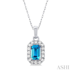 5x3 MM Octagonal Shape Blue Topaz and 1/20 Ctw Single Cut Diamond Halo Semi-Precious Pendant with Chain in 14K White Gold 5x3 MM Octagonal Shape Blue Topaz and 1/20 Ctw Single Cut Diamond Halo Semi-Precious Pendant with Chain in 14K White Gold