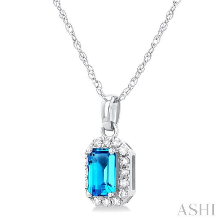 5x3 MM Octagonal Shape Blue Topaz and 1/20 Ctw Single Cut Diamond Halo Semi-Precious Pendant with Chain in 14K White Gold 5x3 MM Octagonal Shape Blue Topaz and 1/20 Ctw Single Cut Diamond Halo Semi-Precious Pendant with Chain in 14K White Gold