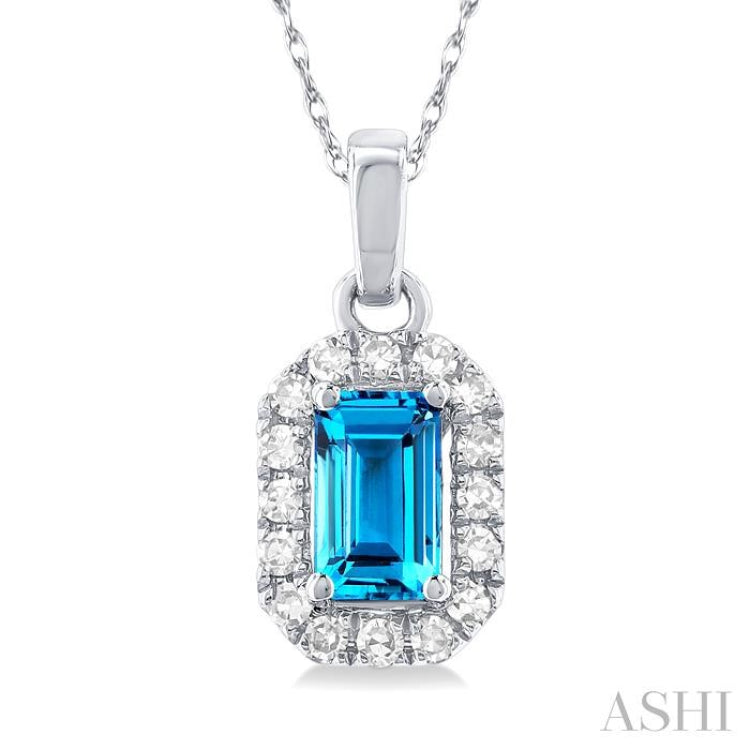5x3 MM Octagonal Shape Blue Topaz and 1/20 Ctw Single Cut Diamond Halo Semi-Precious Pendant with Chain in 14K White Gold 5x3 MM Octagonal Shape Blue Topaz and 1/20 Ctw Single Cut Diamond Halo Semi-Precious Pendant with Chain in 14K White Gold