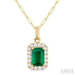 6x4 MM Octagonal Shape Emerald and 1/6 Ctw Round Cut Diamond Halo Precious Pendant with Chain in 10K Yellow Gold 6x4 MM Octagonal Shape Emerald and 1/6 Ctw Round Cut Diamond Halo Precious Pendant with Chain in 10K Yellow Gold