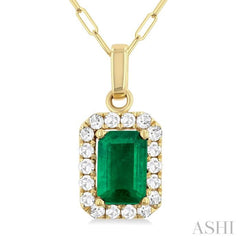 6x4 MM Octagonal Shape Emerald and 1/6 Ctw Round Cut Diamond Halo Precious Pendant with Chain in 10K Yellow Gold 6x4 MM Octagonal Shape Emerald and 1/6 Ctw Round Cut Diamond Halo Precious Pendant with Chain in 10K Yellow Gold