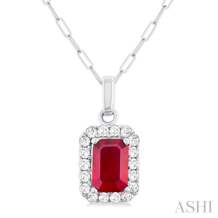 6x4 MM Octagonal Shape Ruby and 1/6 Ctw Round Cut Diamond Halo Precious Pendant with Chain in 14K White Gold 6x4 MM Octagonal Shape Ruby and 1/6 Ctw Round Cut Diamond Halo Precious Pendant with Chain in 14K White Gold