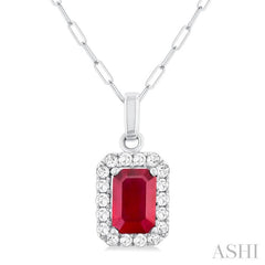 6x4 MM Octagonal Shape Ruby and 1/6 Ctw Round Cut Diamond Halo Precious Pendant with Chain in 14K White Gold 6x4 MM Octagonal Shape Ruby and 1/6 Ctw Round Cut Diamond Halo Precious Pendant with Chain in 14K White Gold