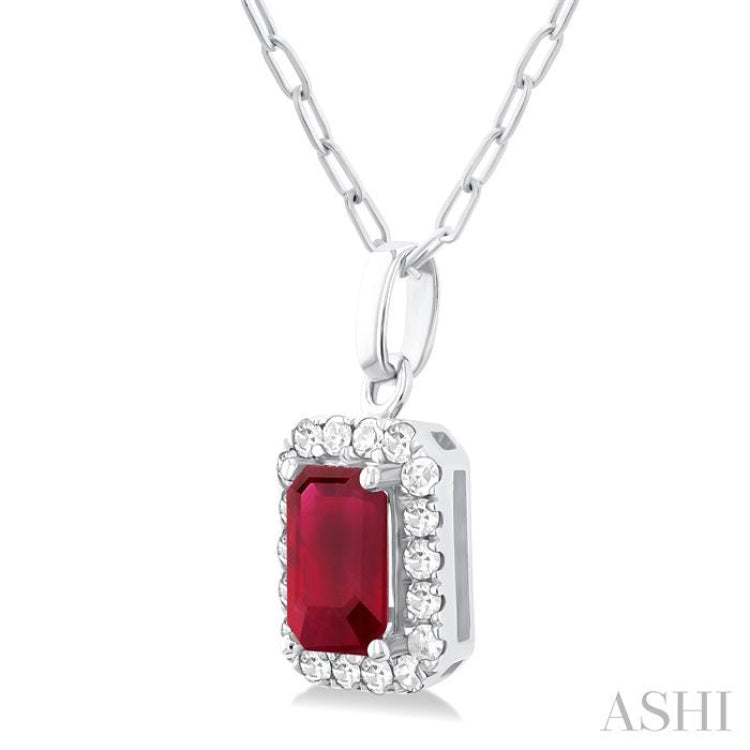 6x4 MM Octagonal Shape Ruby and 1/6 Ctw Round Cut Diamond Halo Precious Pendant with Chain in 14K White Gold 6x4 MM Octagonal Shape Ruby and 1/6 Ctw Round Cut Diamond Halo Precious Pendant with Chain in 14K White Gold