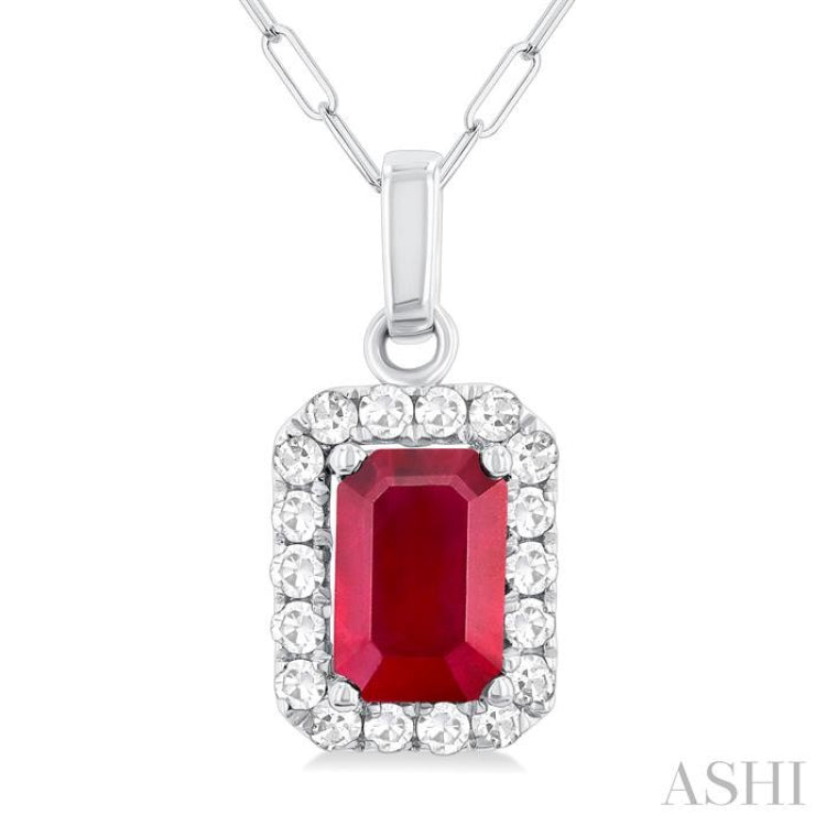 6x4 MM Octagonal Shape Ruby and 1/6 Ctw Round Cut Diamond Halo Precious Pendant with Chain in 14K White Gold 6x4 MM Octagonal Shape Ruby and 1/6 Ctw Round Cut Diamond Halo Precious Pendant with Chain in 14K White Gold