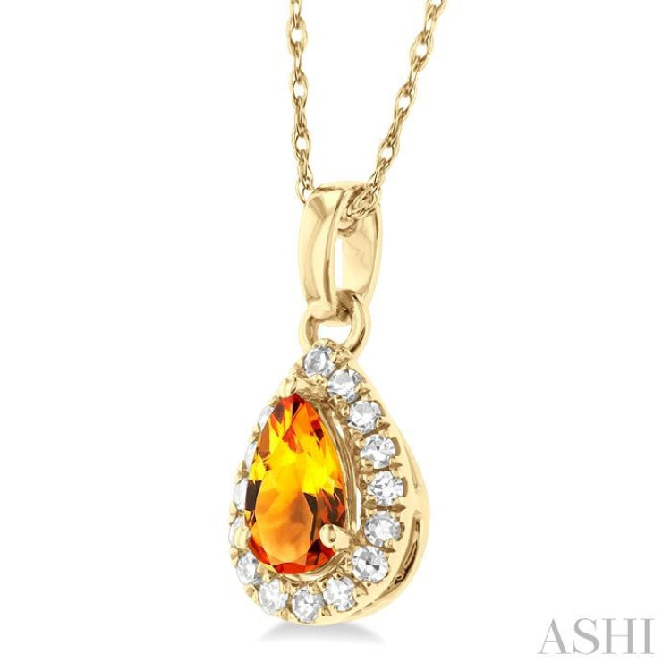 5x3 MM Pear Shape Citrine and 1/20 Ctw Single Cut Diamond Halo Semi-Precious Pendant with Chain in 14K Yellow Gold 5x3 MM Pear Shape Citrine and 1/20 Ctw Single Cut Diamond Halo Semi-Precious Pendant with Chain in 14K Yellow Gold