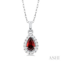 5x3 MM Pear Shape Garnet and 1/20 Ctw Single Cut Diamond Halo Semi-Precious Pendant with Chain in 14K White Gold 5x3 MM Pear Shape Garnet and 1/20 Ctw Single Cut Diamond Halo Semi-Precious Pendant with Chain in 14K White Gold
