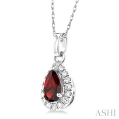 5x3 MM Pear Shape Garnet and 1/20 Ctw Single Cut Diamond Halo Semi-Precious Pendant with Chain in 14K White Gold 5x3 MM Pear Shape Garnet and 1/20 Ctw Single Cut Diamond Halo Semi-Precious Pendant with Chain in 14K White Gold