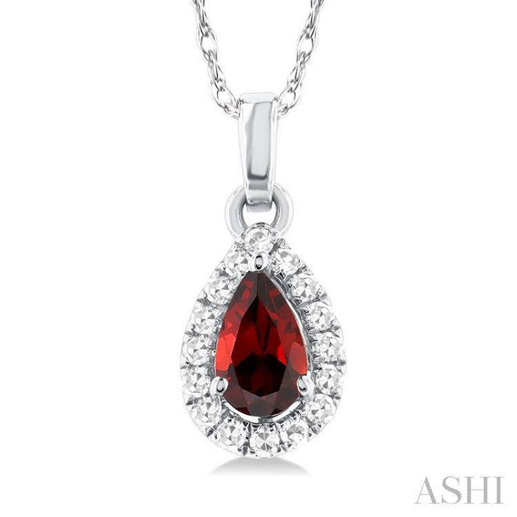 5x3 MM Pear Shape Garnet and 1/20 Ctw Single Cut Diamond Halo Semi-Precious Pendant with Chain in 14K White Gold 5x3 MM Pear Shape Garnet and 1/20 Ctw Single Cut Diamond Halo Semi-Precious Pendant with Chain in 14K White Gold