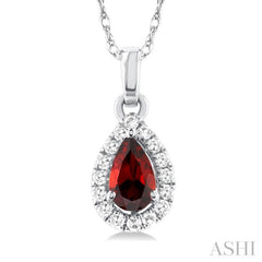 5x3 MM Pear Shape Garnet and 1/20 Ctw Single Cut Diamond Halo Semi-Precious Pendant with Chain in 14K White Gold 5x3 MM Pear Shape Garnet and 1/20 Ctw Single Cut Diamond Halo Semi-Precious Pendant with Chain in 14K White Gold