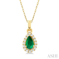 5x3 MM Pear Shape Emerald and 1/20 Ctw Single Cut Diamond Halo Precious Pendant with Chain in 14K Yellow Gold 5x3 MM Pear Shape Emerald and 1/20 Ctw Single Cut Diamond Halo Precious Pendant with Chain in 14K Yellow Gold