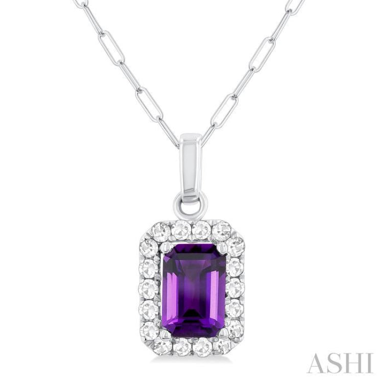6x4 MM Octagonal Shape Amethyst and 1/6 Ctw Round Cut Diamond Halo Semi-Precious Pendant with Chain in 10K White Gold 6x4 MM Octagonal Shape Amethyst and 1/6 Ctw Round Cut Diamond Halo Semi-Precious Pendant with Chain in 10K White Gold