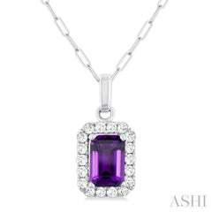 6x4 MM Octagonal Shape Amethyst and 1/6 Ctw Round Cut Diamond Halo Semi-Precious Pendant with Chain in 10K White Gold 6x4 MM Octagonal Shape Amethyst and 1/6 Ctw Round Cut Diamond Halo Semi-Precious Pendant with Chain in 10K White Gold