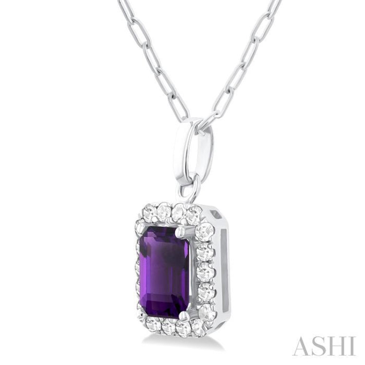 6x4 MM Octagonal Shape Amethyst and 1/6 Ctw Round Cut Diamond Halo Semi-Precious Pendant with Chain in 10K White Gold 6x4 MM Octagonal Shape Amethyst and 1/6 Ctw Round Cut Diamond Halo Semi-Precious Pendant with Chain in 10K White Gold