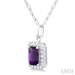 6x4 MM Octagonal Shape Amethyst and 1/6 Ctw Round Cut Diamond Halo Semi-Precious Pendant with Chain in 10K White Gold 6x4 MM Octagonal Shape Amethyst and 1/6 Ctw Round Cut Diamond Halo Semi-Precious Pendant with Chain in 10K White Gold