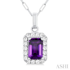 6x4 MM Octagonal Shape Amethyst and 1/6 Ctw Round Cut Diamond Halo Semi-Precious Pendant with Chain in 10K White Gold 6x4 MM Octagonal Shape Amethyst and 1/6 Ctw Round Cut Diamond Halo Semi-Precious Pendant with Chain in 10K White Gold