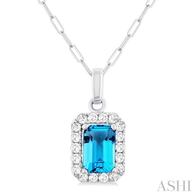 6x4 MM Octagonal Shape Blue Topaz and 1/6 Ctw Round Cut Diamond Halo Semi-Precious Pendant with Chain in 10K White Gold 6x4 MM Octagonal Shape Blue Topaz and 1/6 Ctw Round Cut Diamond Halo Semi-Precious Pendant with Chain in 10K White Gold