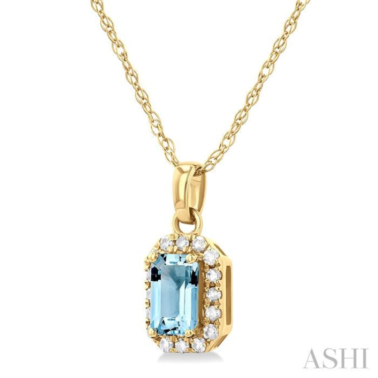 5x3 MM Octagonal Shape Aquamarine and 1/20 Ctw Single Cut Diamond Halo Semi-Precious Pendant with Chain in 10K Yellow Gold 5x3 MM Octagonal Shape Aquamarine and 1/20 Ctw Single Cut Diamond Halo Semi-Precious Pendant with Chain in 10K Yellow Gold