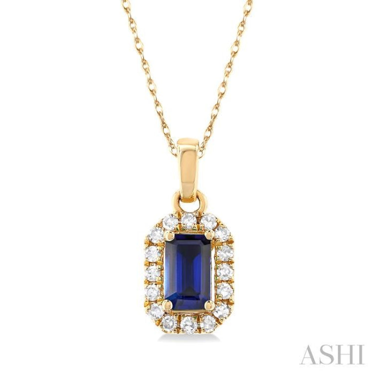 5x3 MM Octagonal Shape Sapphire and 1/20 Ctw Single Cut Diamond Halo Precious Pendant with Chain in 14K Yellow Gold 5x3 MM Octagonal Shape Sapphire and 1/20 Ctw Single Cut Diamond Halo Precious Pendant with Chain in 14K Yellow Gold