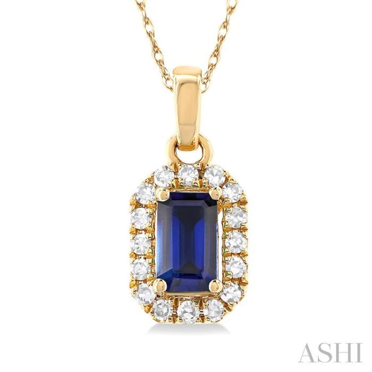 5x3 MM Octagonal Shape Sapphire and 1/20 Ctw Single Cut Diamond Halo Precious Pendant with Chain in 14K Yellow Gold 5x3 MM Octagonal Shape Sapphire and 1/20 Ctw Single Cut Diamond Halo Precious Pendant with Chain in 14K Yellow Gold