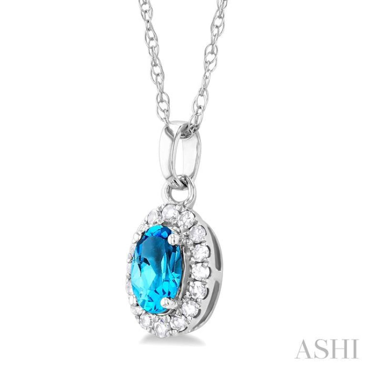 5x3 MM Oval Shape Blue Topaz and 1/20 Ctw Single Cut Diamond Halo Semi-Precious Pendant with Chain in 10K White Gold 5x3 MM Oval Shape Blue Topaz and 1/20 Ctw Single Cut Diamond Halo Semi-Precious Pendant with Chain in 10K White Gold
