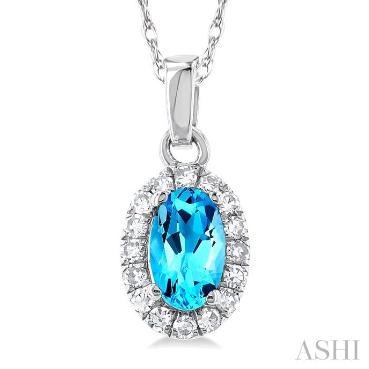 5x3 MM Oval Shape Blue Topaz and 1/20 Ctw Single Cut Diamond Halo Semi-Precious Pendant with Chain in 10K White Gold 5x3 MM Oval Shape Blue Topaz and 1/20 Ctw Single Cut Diamond Halo Semi-Precious Pendant with Chain in 10K White Gold