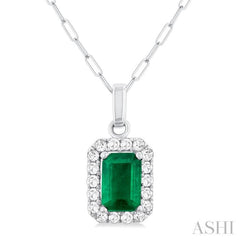 6x4 MM Octagonal Shape Emerald and 1/6 Ctw Round Cut Diamond Halo Precious Pendant with Chain in 14K White Gold 6x4 MM Octagonal Shape Emerald and 1/6 Ctw Round Cut Diamond Halo Precious Pendant with Chain in 14K White Gold