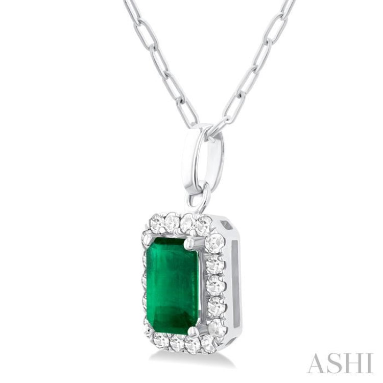 6x4 MM Octagonal Shape Emerald and 1/6 Ctw Round Cut Diamond Halo Precious Pendant with Chain in 14K White Gold 6x4 MM Octagonal Shape Emerald and 1/6 Ctw Round Cut Diamond Halo Precious Pendant with Chain in 14K White Gold