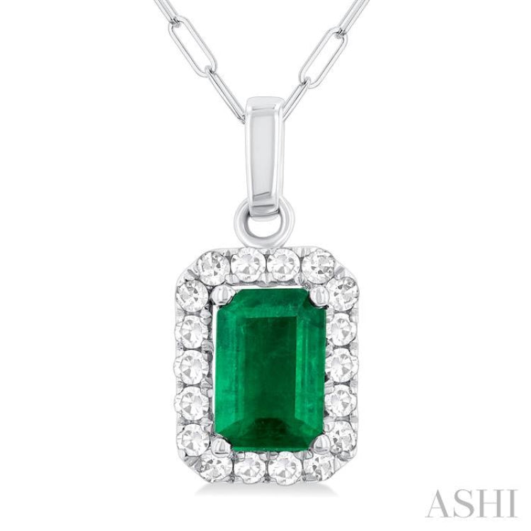 6x4 MM Octagonal Shape Emerald and 1/6 Ctw Round Cut Diamond Halo Precious Pendant with Chain in 14K White Gold 6x4 MM Octagonal Shape Emerald and 1/6 Ctw Round Cut Diamond Halo Precious Pendant with Chain in 14K White Gold