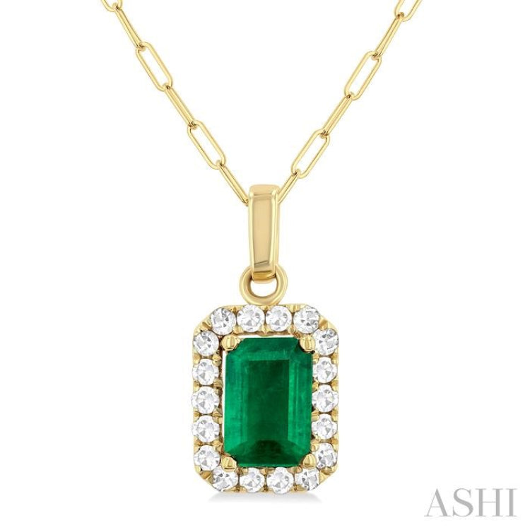 6x4 MM Octagonal Shape Emerald and 1/6 Ctw Round Cut Diamond Halo Precious Pendant with Chain in 14K Yellow Gold 6x4 MM Octagonal Shape Emerald and 1/6 Ctw Round Cut Diamond Halo Precious Pendant with Chain in 14K Yellow Gold