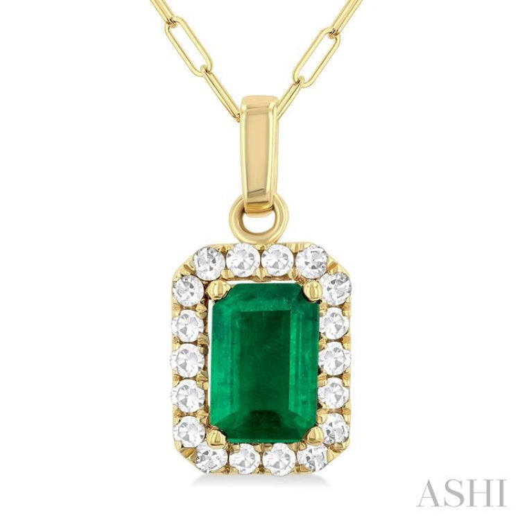 6x4 MM Octagonal Shape Emerald and 1/6 Ctw Round Cut Diamond Halo Precious Pendant with Chain in 14K Yellow Gold 6x4 MM Octagonal Shape Emerald and 1/6 Ctw Round Cut Diamond Halo Precious Pendant with Chain in 14K Yellow Gold