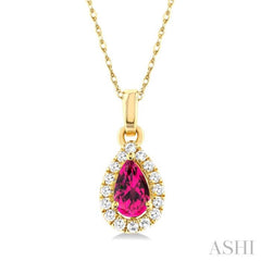 5x3 MM Pear Shape Pink Tourmaline and 1/20 Ctw Single Cut Diamond Halo Semi-Precious Pendant with Chain in 14K Yellow Gold 5x3 MM Pear Shape Pink Tourmaline and 1/20 Ctw Single Cut Diamond Halo Semi-Precious Pendant with Chain in 14K Yellow Gold