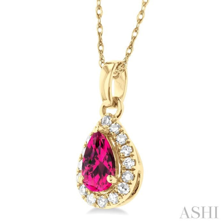 5x3 MM Pear Shape Pink Tourmaline and 1/20 Ctw Single Cut Diamond Halo Semi-Precious Pendant with Chain in 14K Yellow Gold 5x3 MM Pear Shape Pink Tourmaline and 1/20 Ctw Single Cut Diamond Halo Semi-Precious Pendant with Chain in 14K Yellow Gold