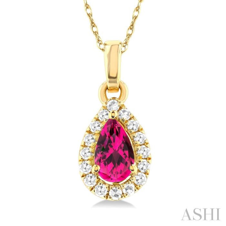 5x3 MM Pear Shape Pink Tourmaline and 1/20 Ctw Single Cut Diamond Halo Semi-Precious Pendant with Chain in 14K Yellow Gold 5x3 MM Pear Shape Pink Tourmaline and 1/20 Ctw Single Cut Diamond Halo Semi-Precious Pendant with Chain in 14K Yellow Gold