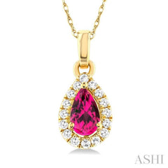 5x3 MM Pear Shape Pink Tourmaline and 1/20 Ctw Single Cut Diamond Halo Semi-Precious Pendant with Chain in 14K Yellow Gold 5x3 MM Pear Shape Pink Tourmaline and 1/20 Ctw Single Cut Diamond Halo Semi-Precious Pendant with Chain in 14K Yellow Gold