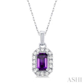 5x3 MM Octagonal Shape Amethyst and 1/20 Ctw Single Cut Diamond Halo Semi-Precious Pendant with Chain in 14K White Gold