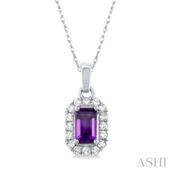 5x3 MM Octagonal Shape Amethyst and 1/20 Ctw Single Cut Diamond Halo Semi-Precious Pendant with Chain in 14K White Gold 5x3 MM Octagonal Shape Amethyst and 1/20 Ctw Single Cut Diamond Halo Semi-Precious Pendant with Chain in 14K White Gold